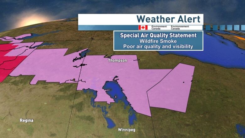 A map of Canada shows a red block marking areas of fires in Alberta, with pink areas of smoke crossing through central and northern portions of Saskatchewan and Manitoba.