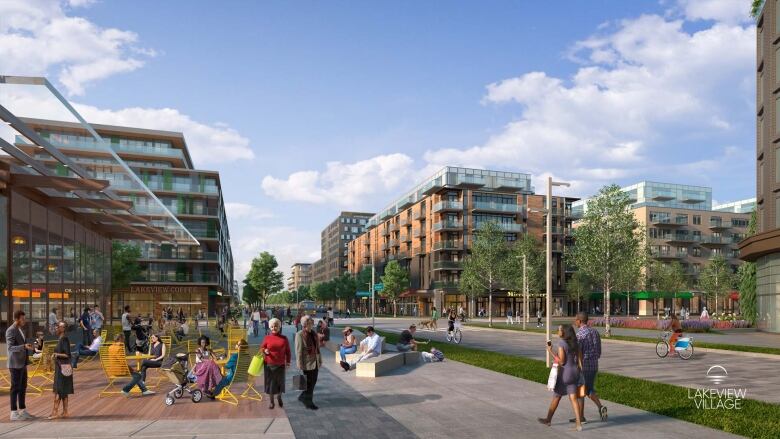 A rendering of a neighbourhood made up of apartment buildings as seen from the ground.