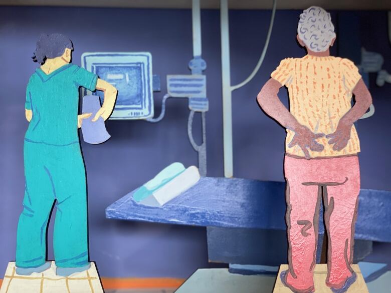 An artistic depiction of a patients in a hospital room with a nurse.