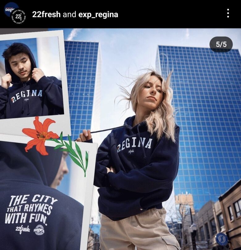 A since deleted post from 22Fresh advertising merchandise as part of the Experience Regina rebrand. The sweaters featured the slogan 