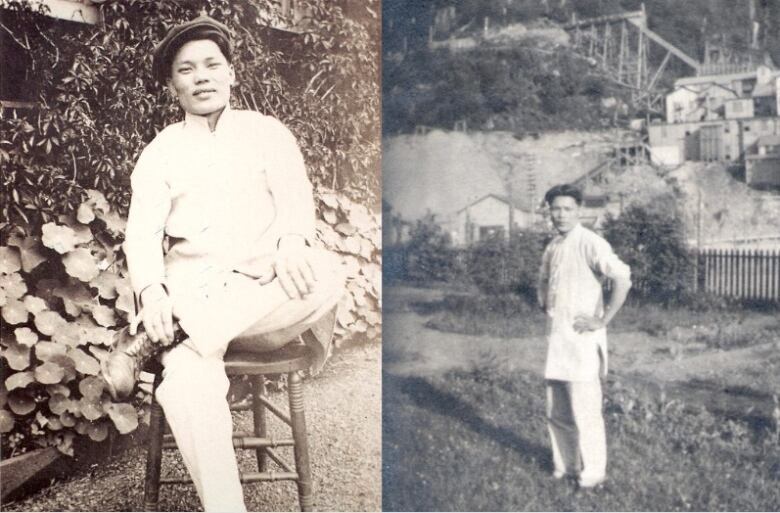 Black and white photos of a man. One is him sitting and one is standing up in front of a mill in the background. 