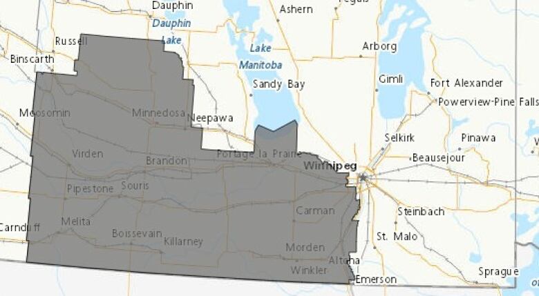 A map of southern Manitoba shows a large area shaded in grey.