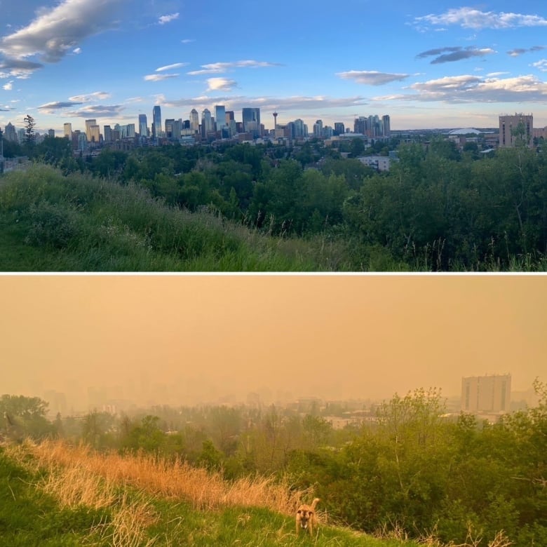 Two images make up this composite photo. On the top, the city's skyline is seen from a hill against a blue sky. On the bottom, the city's skyline is barely visible due to a thick orange haze from wildfire smoke. 