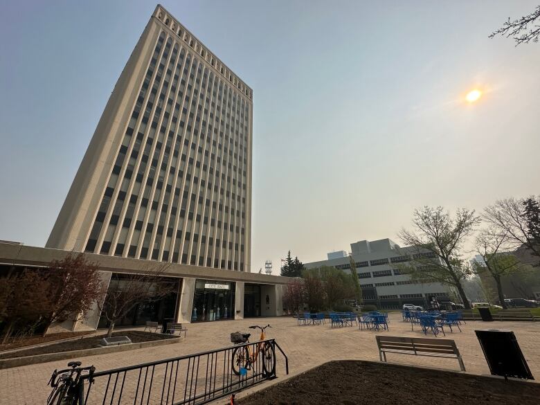 Regina city hall is covered in a smokey haze on the morning of May 17, 2023.  