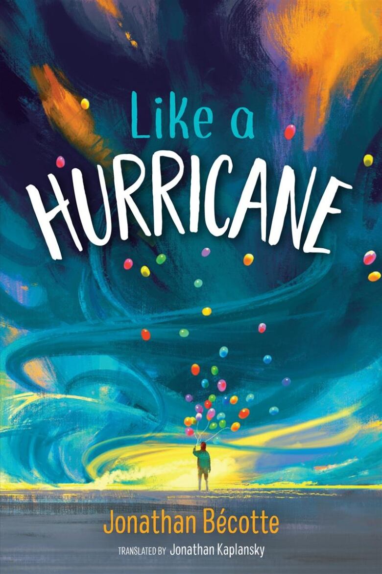 A book cover that shows a teen in a green sweater looking up at the sky which has swirls that are turquoise, orange and navy blue coloured. He is releasing multi-coloured balloons into the sky. There is white, blue, and orange text overlay that is the book's title and author's name. 