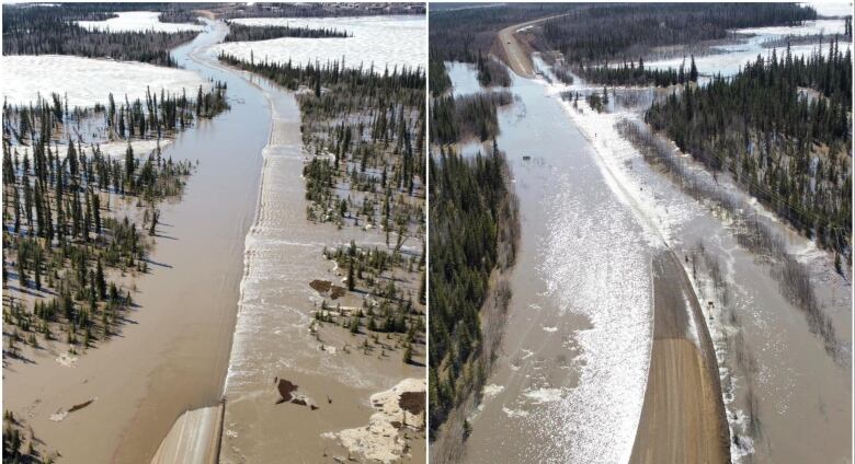 A pair of photos showing significant flooding over rural roads.