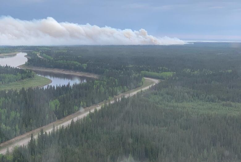 The wildfire burning by Hay River and Kt'odeeche First Nation reserve, as seen from the air Monday morning.