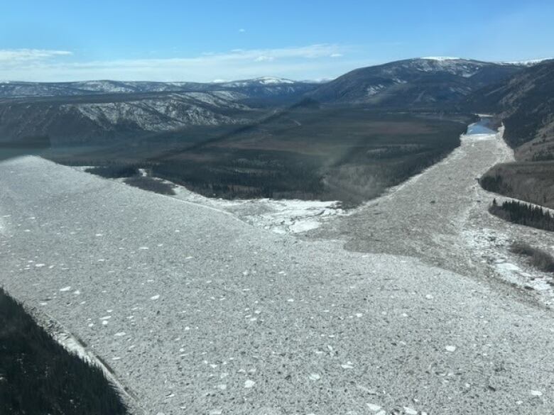 An aerial shot of an ice jam in the Forty Mile River.