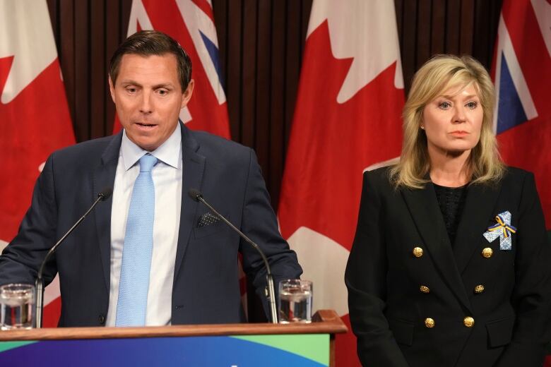 Brampton Mayor Patrick Brown and Mississauga Mayor Bonnie Crombie attend a news conference at the Ontario legislature in Toronto on Thursday, May 18, 2023.  THE CANADIAN PRESS/Chris Young