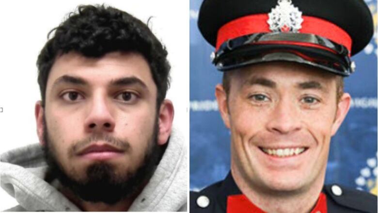 Left, a bearded young man in a grey sweatshirt stares into the camera in a police mugshot. Right, a Calgary police officer in his dress uniform poses in front of a wall of police logos.