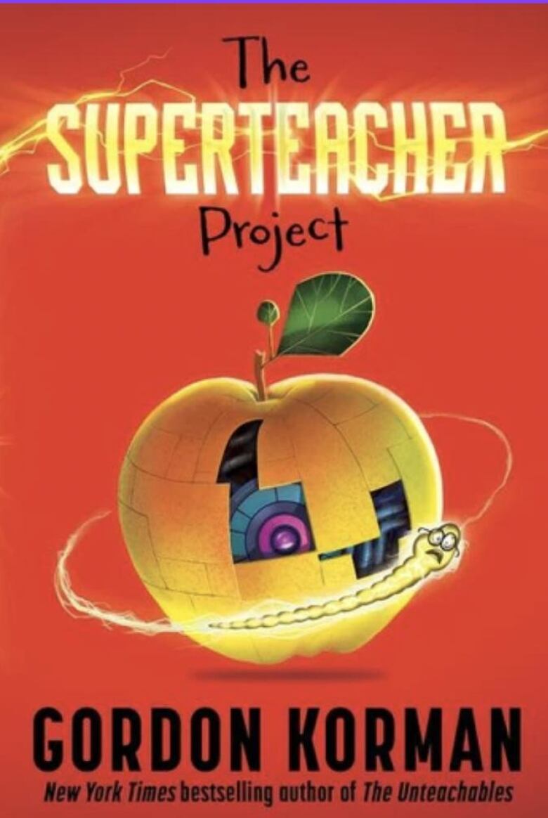 Illustrated book cover of an orange robotic apple. red background, yellow and black text overlaid.