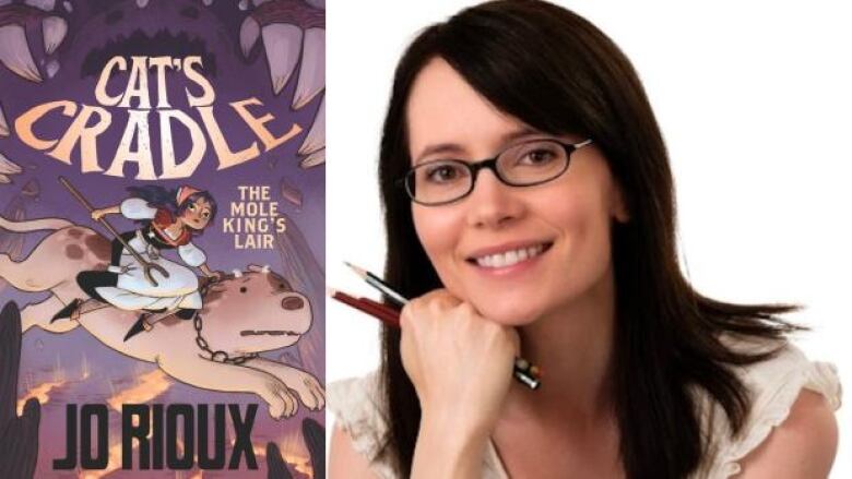 Illusteated book cover of girl with dark hair riding a giant white dog and holding a stick in front of a purple background. White woman with brown hair and glasses with her right hand resting on her chin.