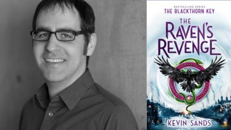 On the left is a headshot photo of a man wearing glasses. On the right is a book cover that has a raven flying out of a purple circle that has a green snake going through it. The background has cloudy skies and lightening, and has castles. There is purple text overlay that is the author's name and book title.