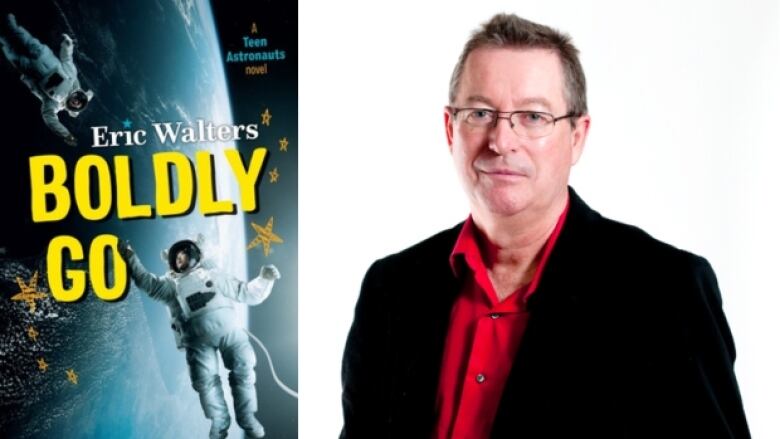 On the left is a book cover that shows two astronauts floating above the surface of Earth. There is yellow, white, blue text overlay that is the book's title and author's name. On the right is a photo of a man wearing a red dress shirt and black blazer. 