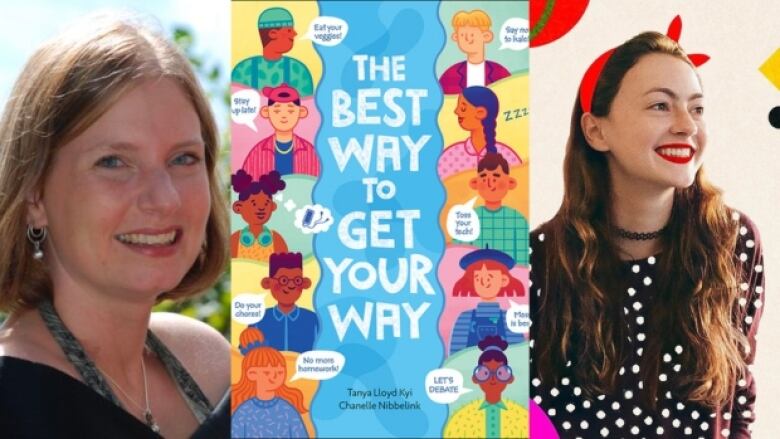 On the left is a headshot of a woman with short blonde hair. In the center is a book cover that has drawn images of students who have speech and thought bubbles coming out of their mouths. There is white and black text overlay that is the book's title and author's name. On the right is a headshot photo of a woman with long brown hair and a red headband. 