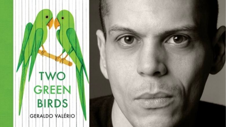 On the left is a book cover with two green birds standing on a stick facing each other. There is a strip of green on the left side of the cover, and the background is white with light black stripes. There is green and black text overlay that is the author's name and book title. On the right is a black and white headshot of a man looking pensively at the camera. 