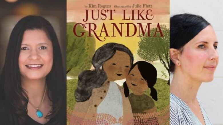 On the left is a headshot photo of a woman with long dark hair, and in the middle is a book cover that shows a drawing of a grandmother with her granddaughter at the park with the sun behind them and trees on both sides. There is red and black text overlay that is the book's title and author's name. On the left is a photo of a woman with her black hair in a bun. 