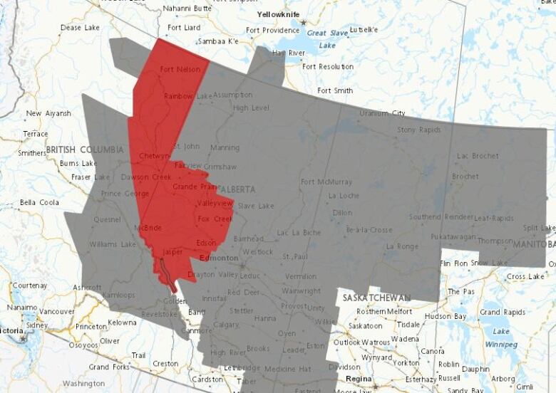 Map of Canada with a section of Alberta and British Columbia in red, denoting rainfall warning