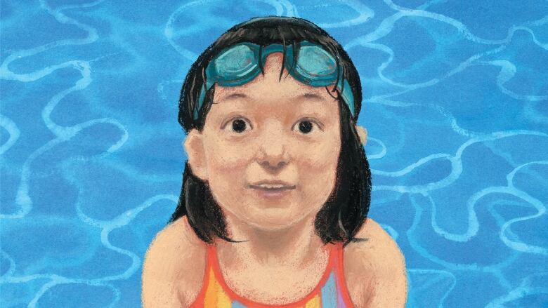 A book cover, titled When You Can Swim, which features an illustrated girl wearing a bathing suit and goggles on her head. The background depicts the water of a swimming pool.