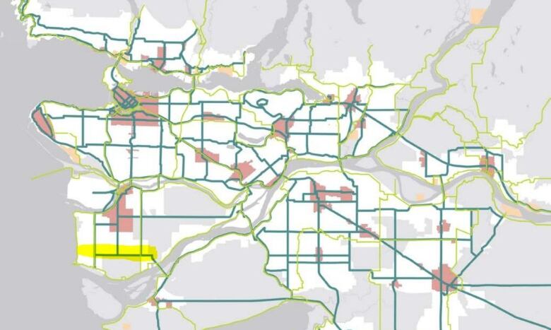 The Transport 2050 Regional Cycling Network as envisioned by TransLink, with the Steveston route highlighted in yellow.