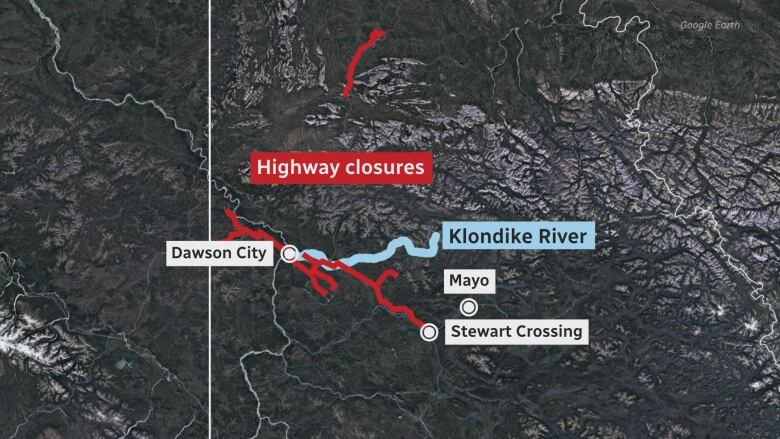 A map shows the Klondike region of the Yukon and the location of highway closures due to flooding.