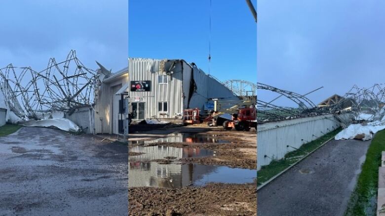 A collage of photos show the impact of post-tropical storm Fiona on the Bryanton family's dairy barns. The walls and doors collapsed and twisted metal can be seen sticking out of each building.