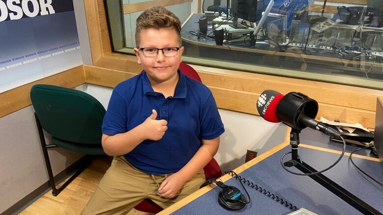 Isaac Brogan, 11, in studio talking with Windsor Morning about his upcoming national spelling bee competition near Washington, D.C.