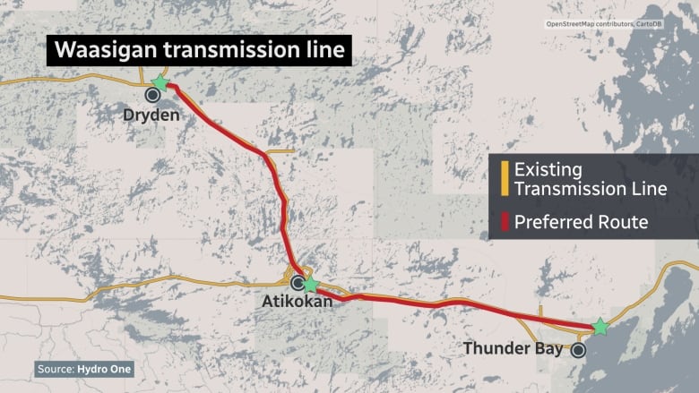 A map of northwestern Ontario, from Dryden to Thunder Bay.