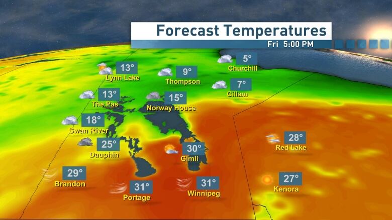 A map shows the forecast temperatures for southern Manitoba. In Winnipeg, the high is forecast to be 31 degrees, as is Brandon and Portage la Prairie.