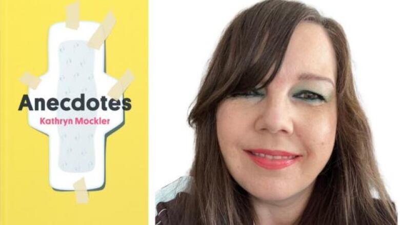 The book cover with a drawing of a menstruation pad taped to a yellow background and the author photo of a woman with long hair and pink lipstick