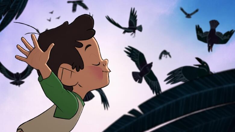 Drawing of a boy flying with crows.