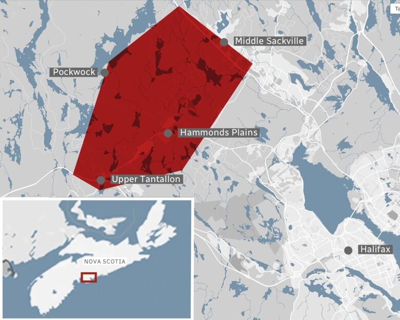 A map of Nova Scotia with areas around Pockwock, Middle Sackville, Hammonds Plains and Upper Tantallon highlighted in red.