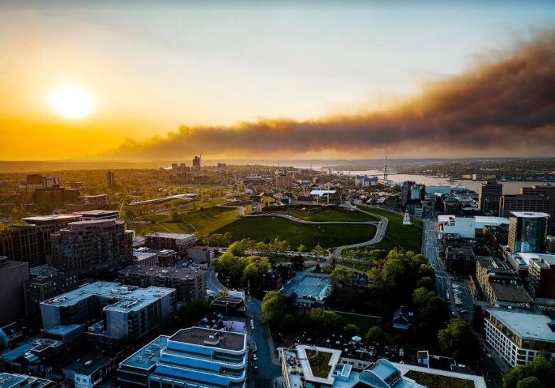 Dark smoke in the sky.