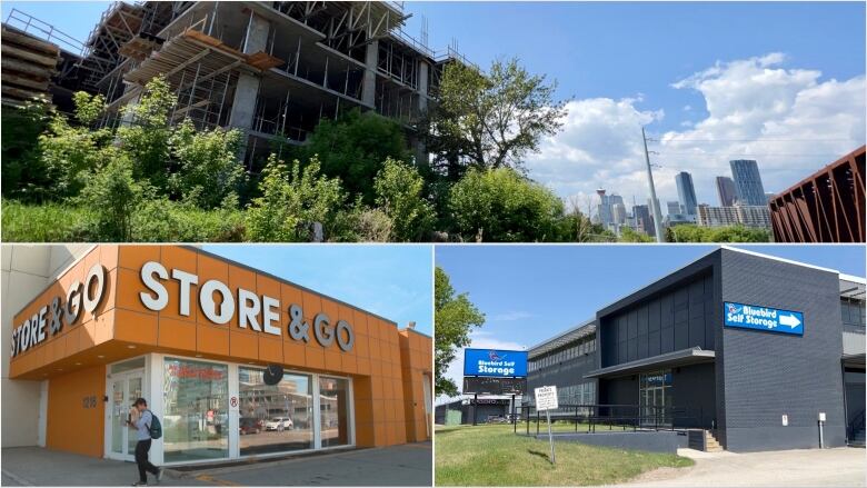 A collage of self storage against the Calgary skyline. 