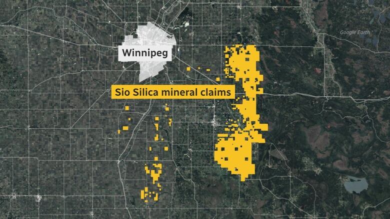 A map of southeastern Manitoba, showing Winnipeg and mineral claims to the east, southeast and south of the city.