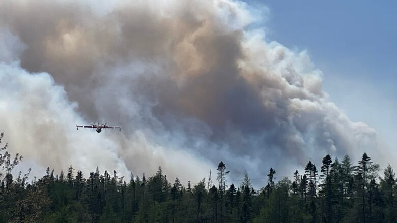 An aircraft flies over the wildfire in Shelburne County, N.S.