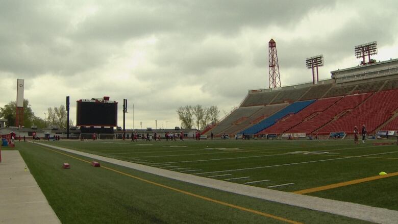 A shot of the field at McMahon Stadium.