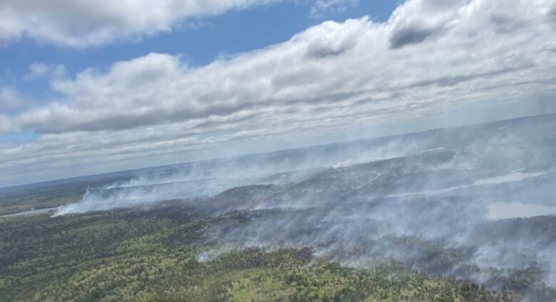 Trees and smoke are seen from above. 