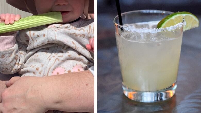 A child is pictured chewing on a celery stalk on the left, and a glass of cocktail with a slice of lime on the rim.