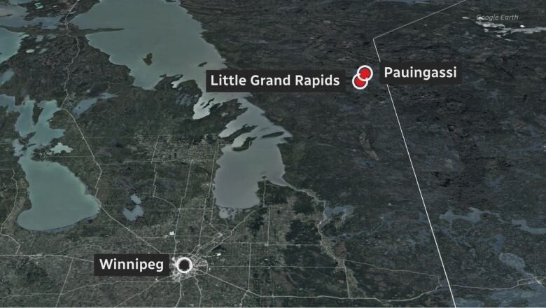 A map showing the location of the city of Winnipeg in the south, and Little Grand Rapids and Pauingassi First Nations northeast of Winnipeg.