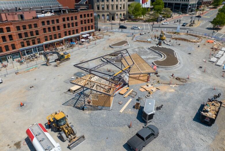 An aerial shot of an active construction site. 