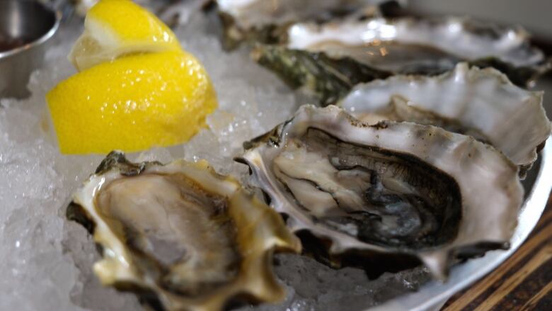 A plate of shucked oysters sits on a bed of crushed ice, with lemon wedges on the side.