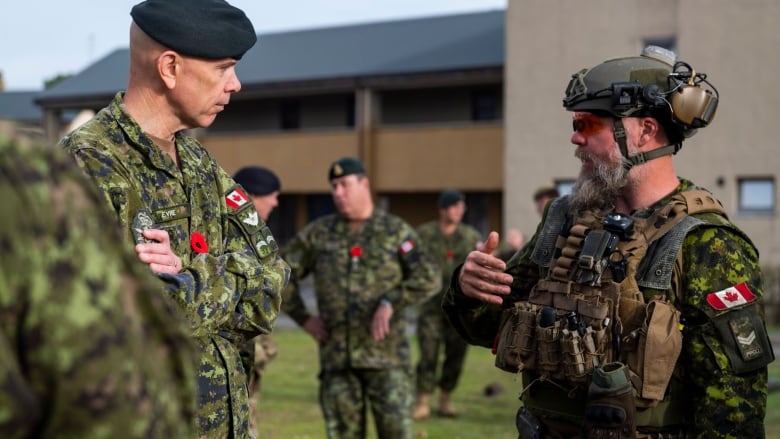 Gen. Wayne Eyre, chief of the defence staff, talks with an unidentified soldier last year in Latvia.