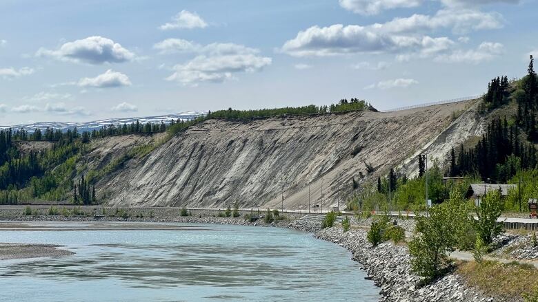 A view of a road alongside a river, and flanked by a steep, sandy escarpment.