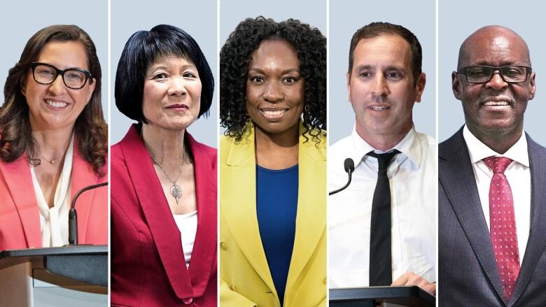 Five Toronto mayoral candidates will be at the CBC Broadcasting Centre on Tuesday for a live debate from 11:30 a.m. to 1 p.m. ET. The participating candidates are, from left to right: Ana Bailao, Olivia Chow, Mitzie Hunter, Josh Matlow and Mark Saunders. 