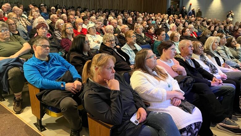 A large crowd sits in a theatre listening to speakers 