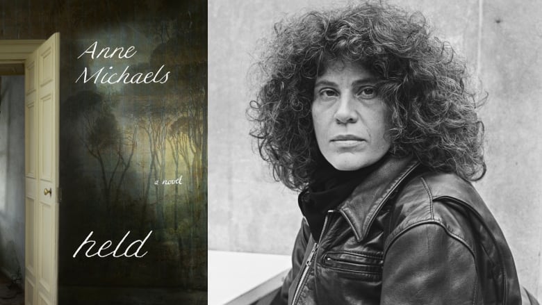 A composite image of a book cover featuring a room wallpapered with an outdoor scenery and an open white door beside a black and white portrait of a woman with curly black hair and a black leather jacket looking over her shoulder into the camera.