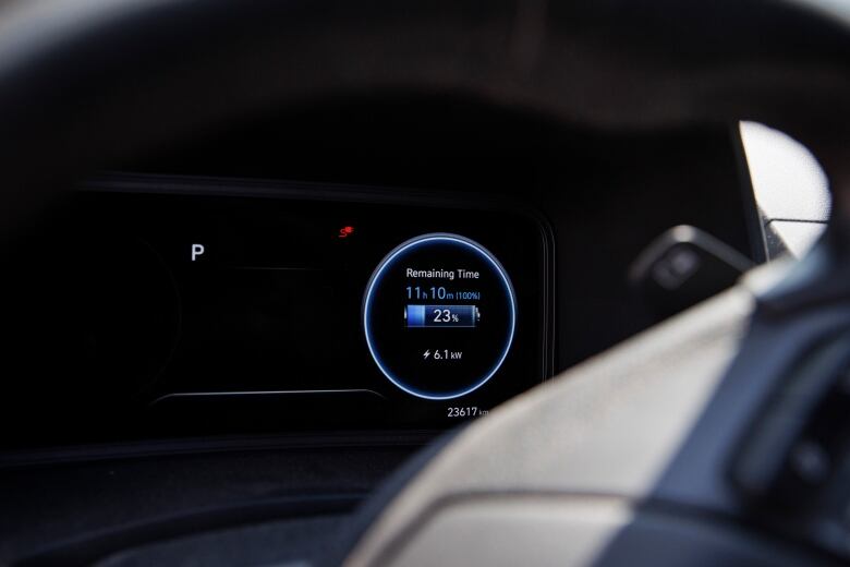 Car dashboard shows remaining time for charge, being 11 hours and 10 minutes. 