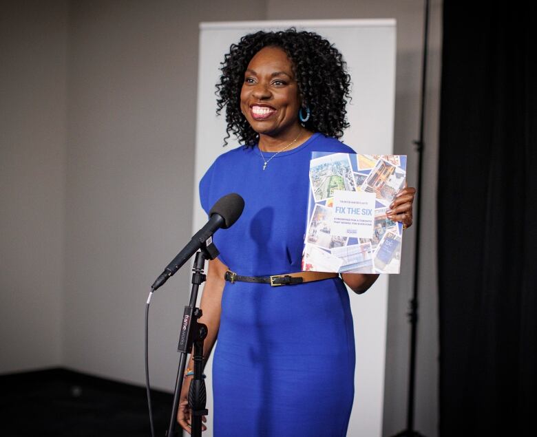 Toronto mayoral candidate Mitzie Hunter speaks with reporters after a televised debate in the CBC Broadcast Centre in Toronto on June 6, 2023.