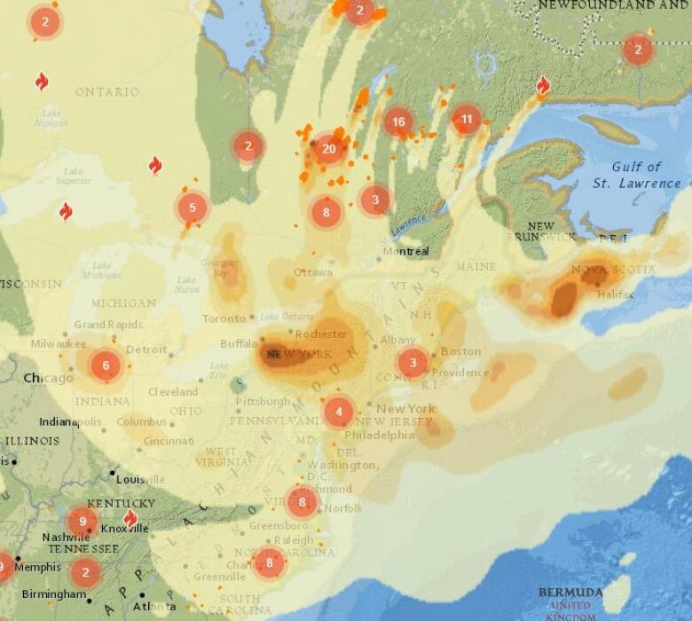 A yellow and orange later over a map of eastern Canada and the United States.